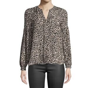Parker Leopard Animal Print Blouse Retro L Black Tan Chiffon Sheer V-Neck Top